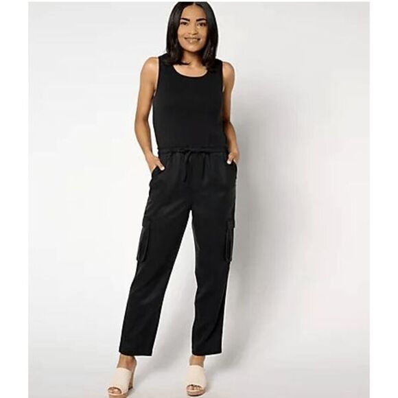 AnyBody Women XL Sleeveless Mixed Media Cargo Jumpsuit	 Black Elastic Waist NWT) - Picture 1 of 4